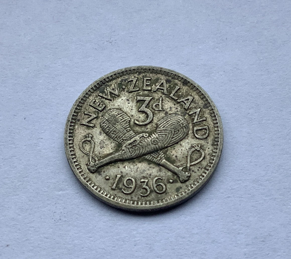 1936 New Zealand threepence coin .500 silver